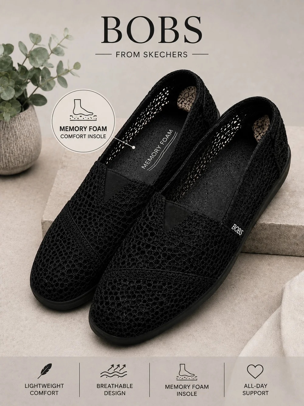BOBS from Skechers Black Knit Flats Slip On